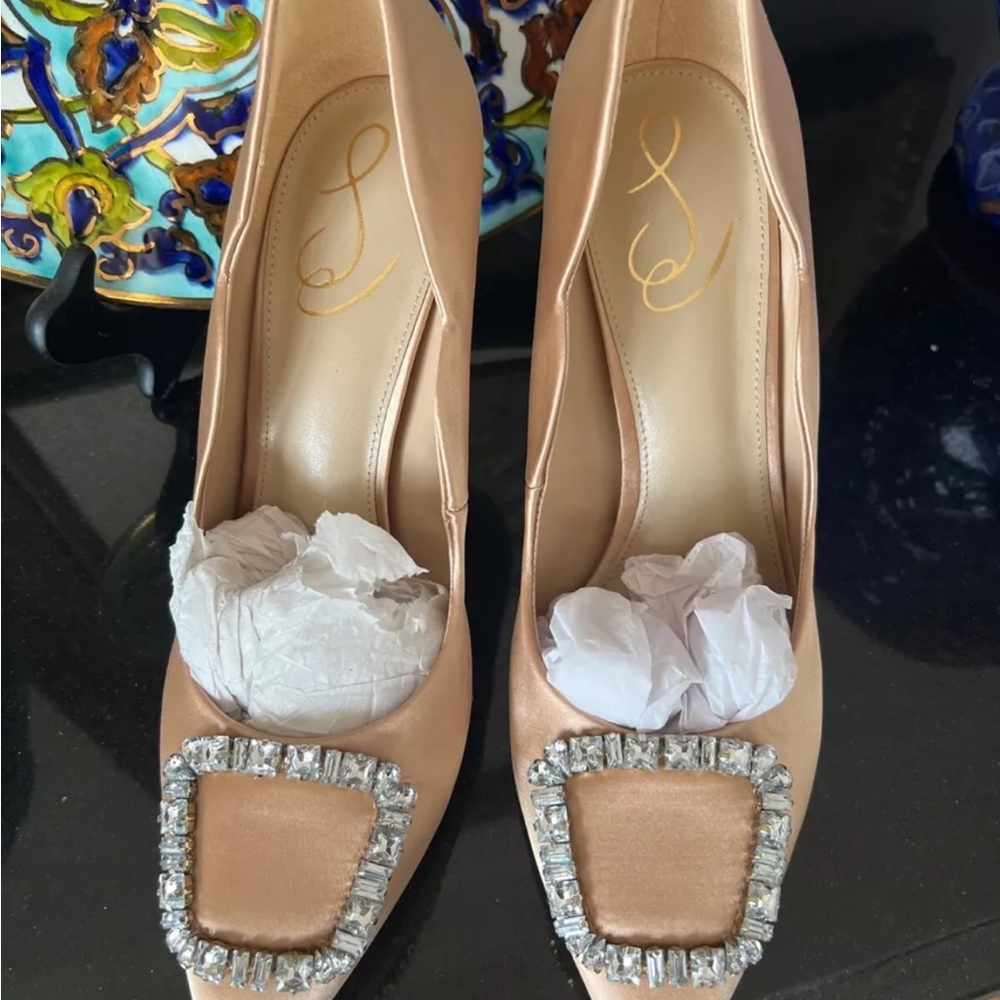 Sam Edelman Cream Heels with Buckle and Rhinestone Detail